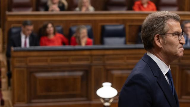 El líder del PP, Alberto Núñez Feijóo, en una sesión de control al Gobierno, con el presidente, Pedro Sánchez, al fondo.