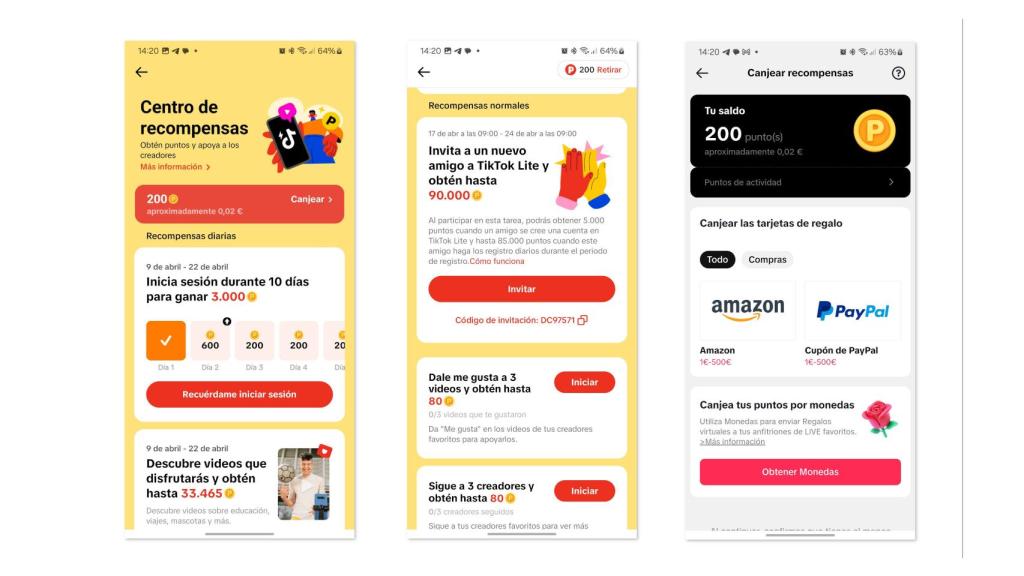 Capturas del sistema de recompensas de TikTok Lite
