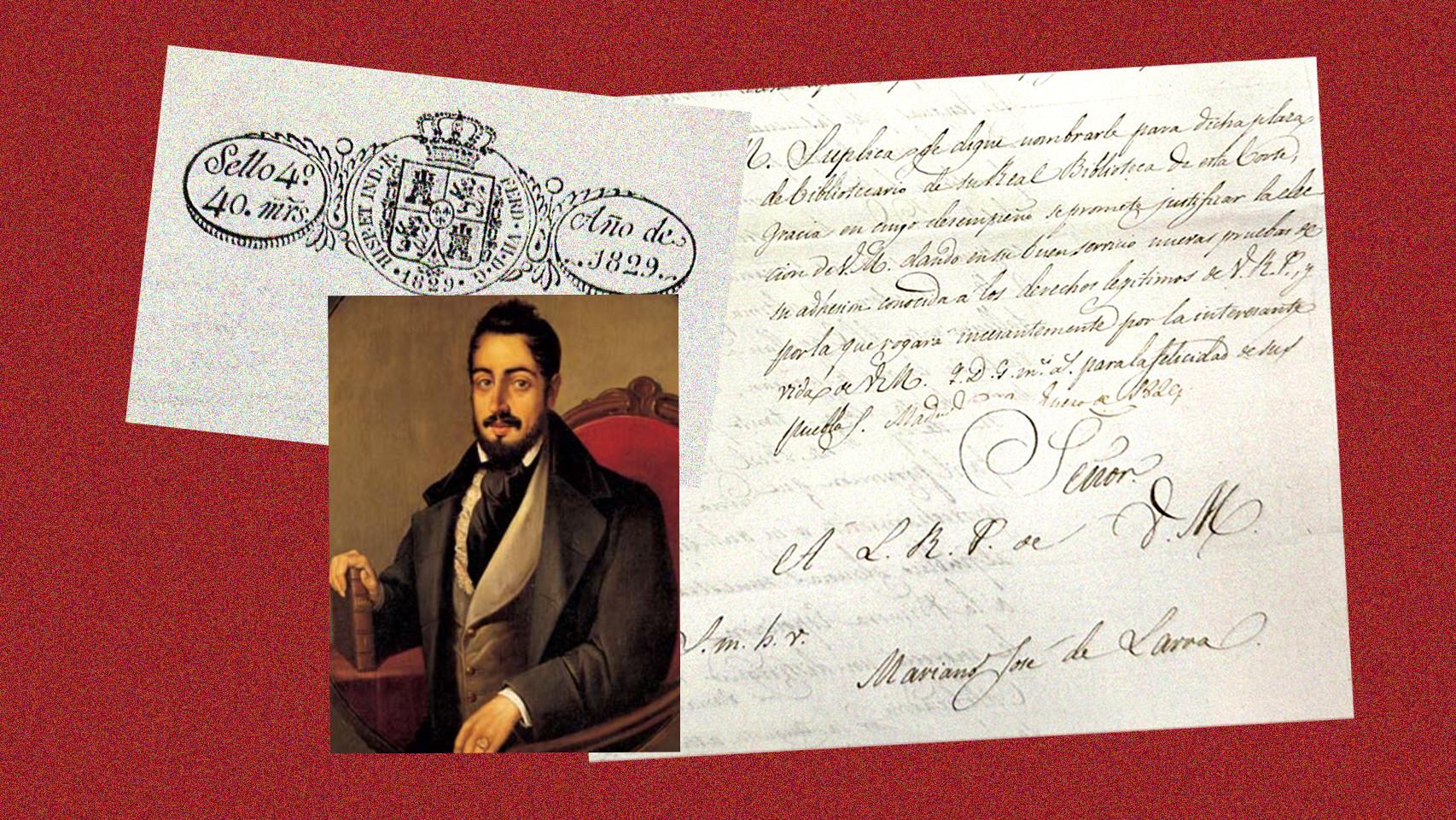 Mariano José de Larra en un retrato de José Gutiérrez de la Vega. A la derecha, carta de Larra de 1829 en la que se postulaba para la vacante en la Real Biblioteca, hallada en el Archivo General de Palacio. Foto: F. D. Quijano