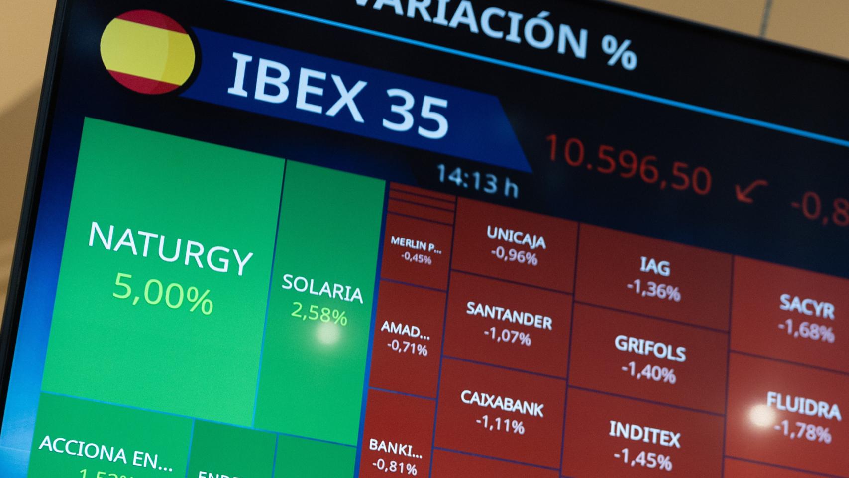 Una pantalla del Palacio de la Bolsa de Madrid muestra la cotización de varias compañías.