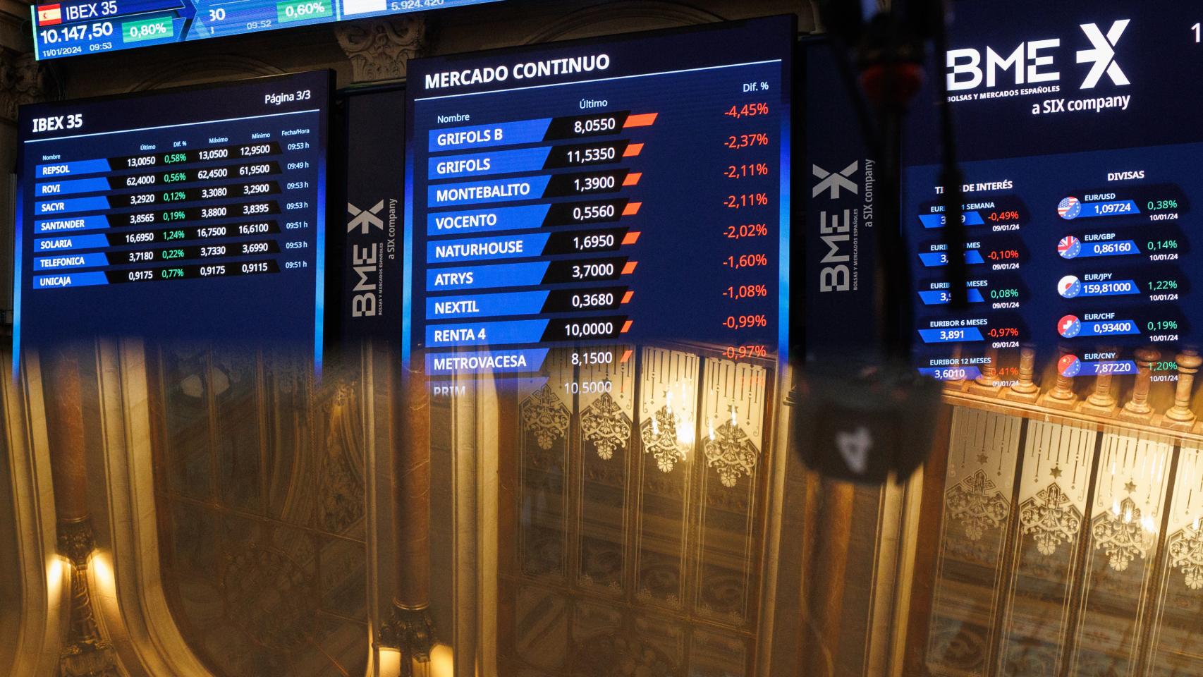 Paneles del Palacio de la Bolsa de Madrid muestran la cotización de varias compañías.