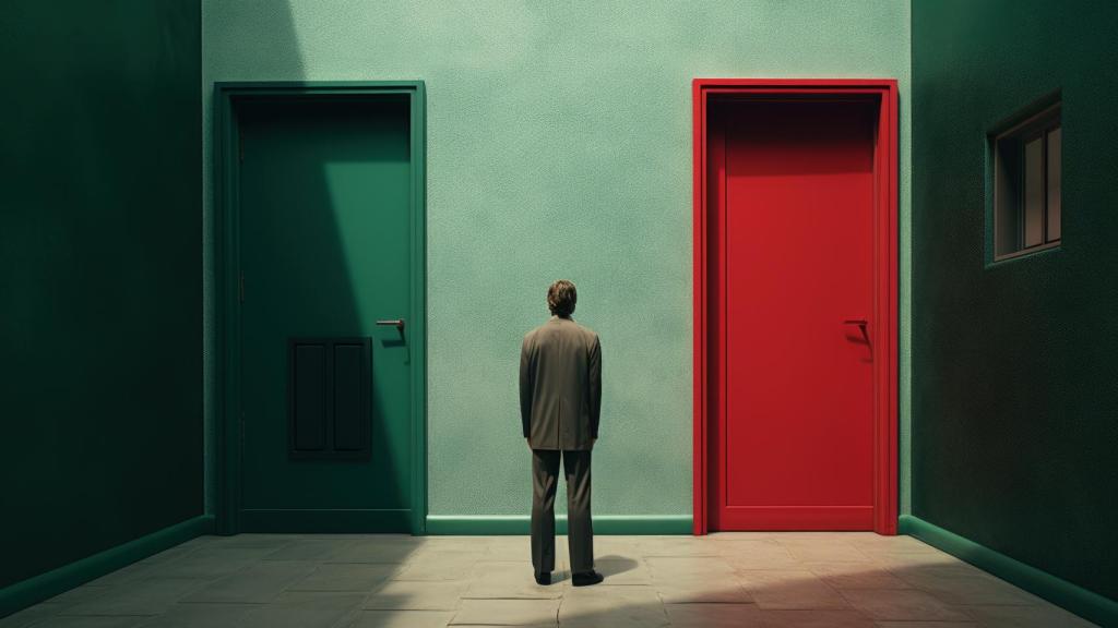 Hombre mirando dos puertas.