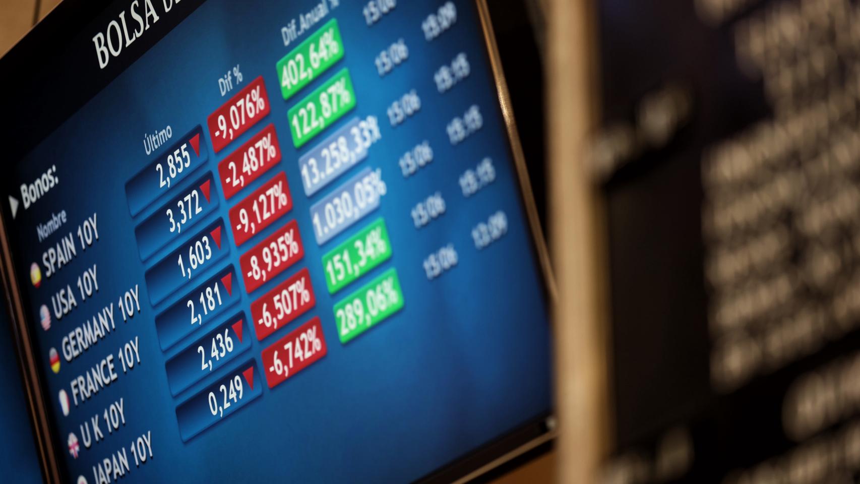 Una pantalla del Palacio de la Bolsa de Madrid muestra la cotización de varias compañías.
