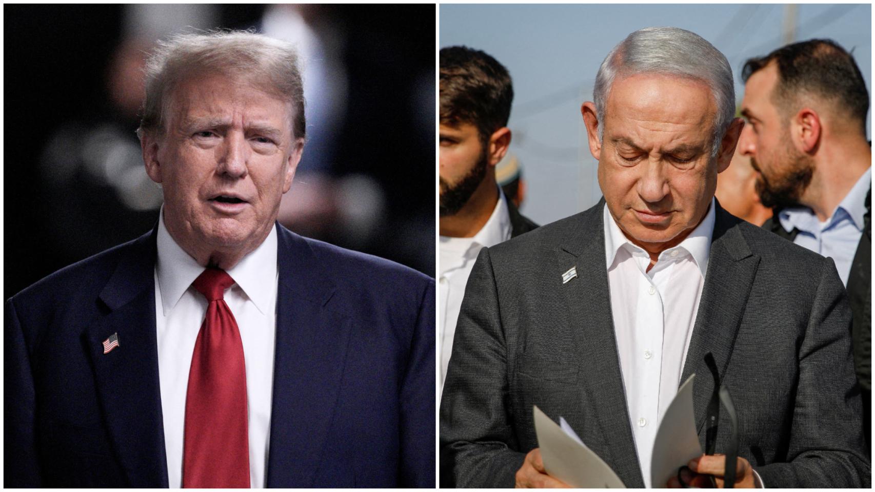 Trump, este martes en el Tribunal Supremo de Nueva York (i), y el primer ministro israelí, Benjamín Netanyahu (d).