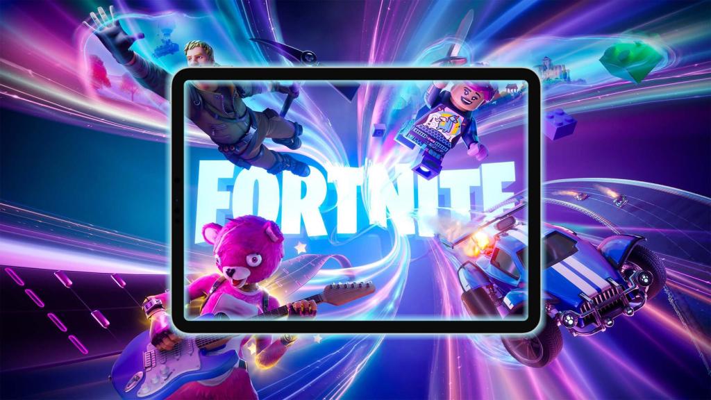 Fotomontaje con el logo de Fortnite y un iPad.