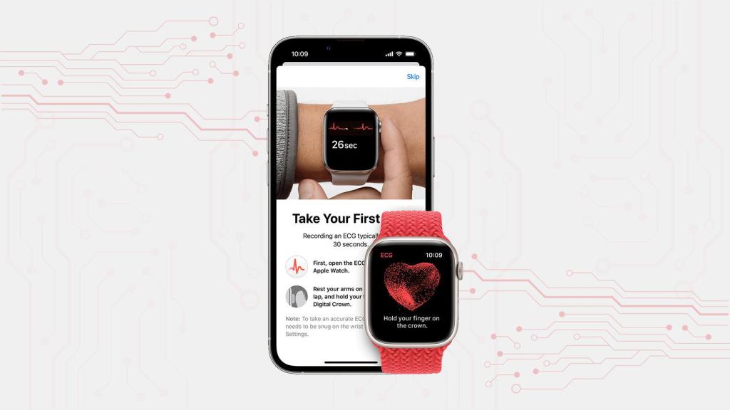 Fotomontaje con un iPhone y un Apple Watch.