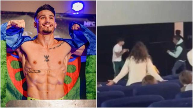 Antonio Barrul, durante un pesaje, y la pelea producida en un cine de León