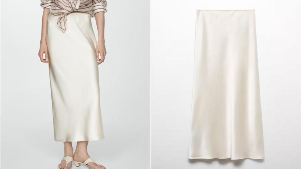 Falda midi satinada de Mango.