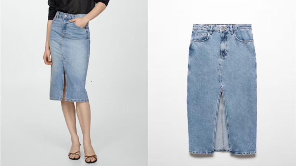 Falda vaquera midi de Mango.