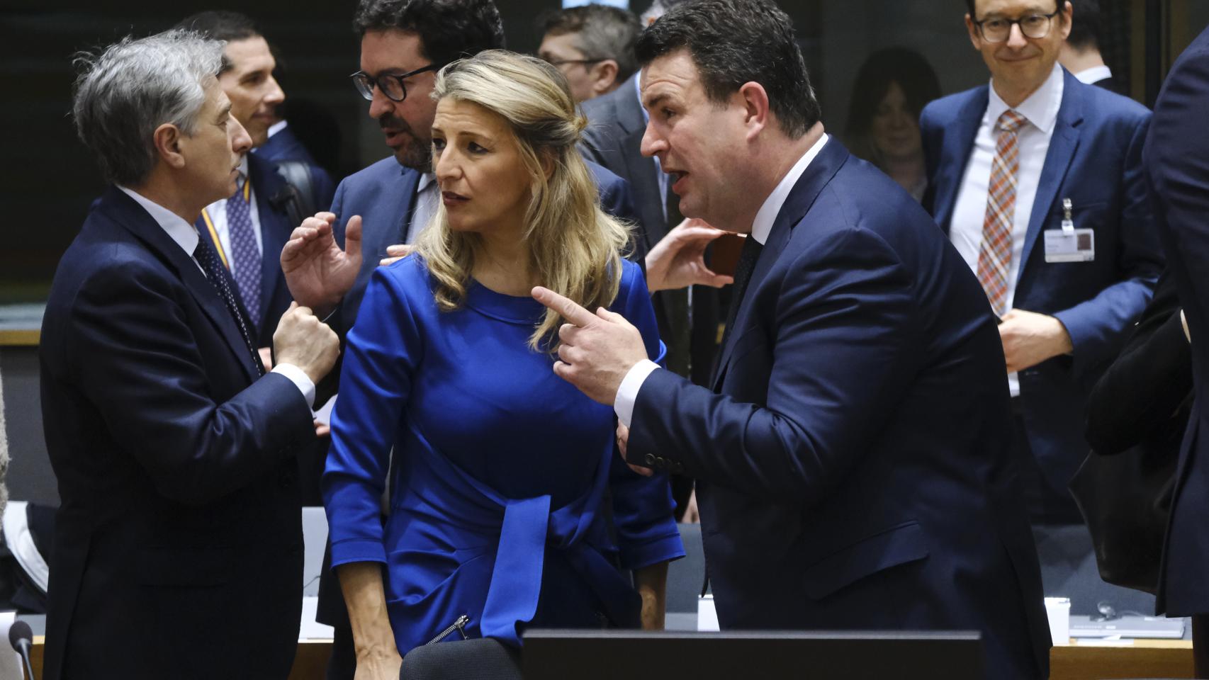 La vicepresidenta segunda, Yolanda Díaz, durante la última reunión de ministros de Empleo de la UE en marzo en Bruselas