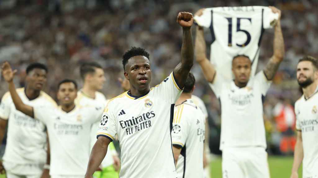 Vinicius, durante la celebración de la victoria contra el Bayern Múnich