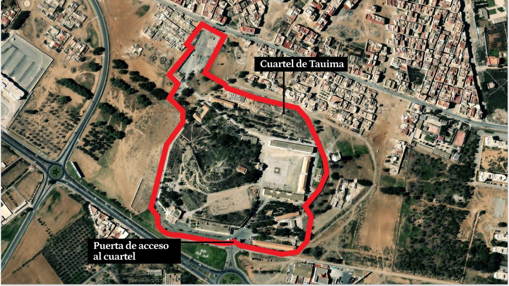 Vista aérea del cuartel de Tauima, a 18 Km del monte Gurugú,  que ahora será trasladado a la costa de Bouyafar.
