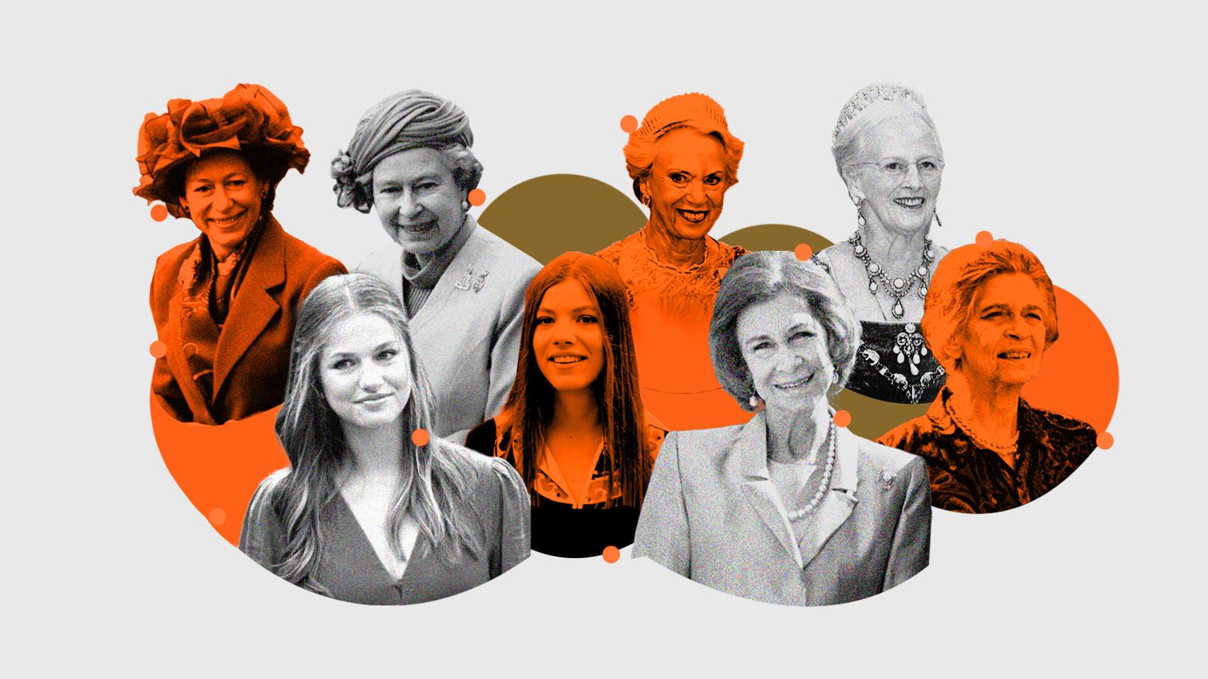 De izquierda a derecha y de arriba a abajo: Margarita e Isabel II de Inglaterra, Benedicta y Margarita de Dinamarca, la princesa Leonor y la infanta Sofía, y la emérita Sofia y su hermana Irene.