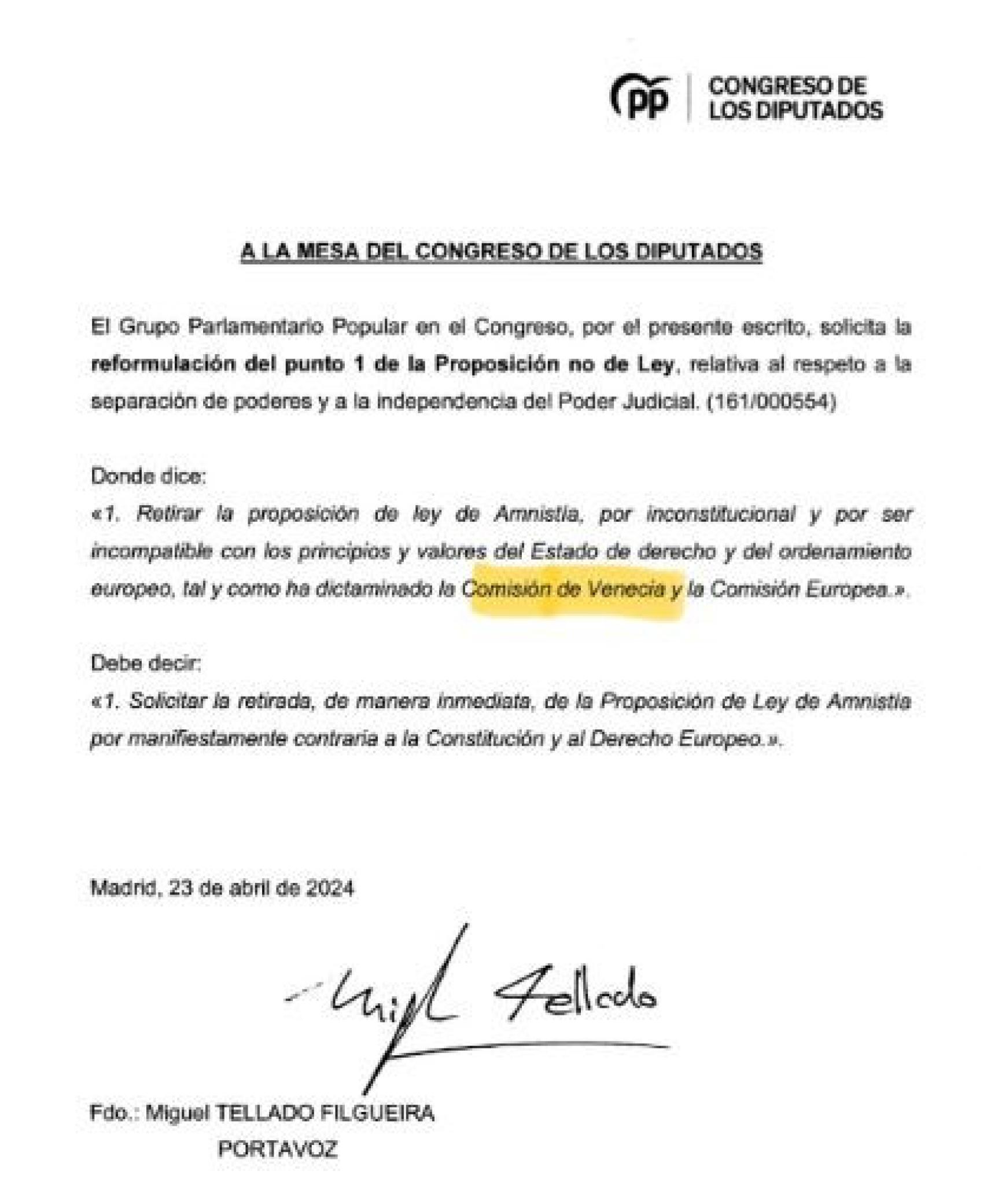 Escrito del Grupo Popular del Congreso./