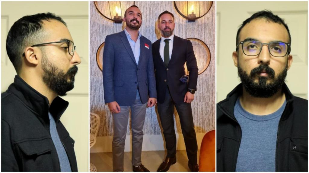 A la izquierda y a la derecha, imágenes procedentes de la ficha policial de César Reyes tras ser detenido en 2020. En el centro, el salvadoreño posa junto a Santiago Abascal, líder de Vox.