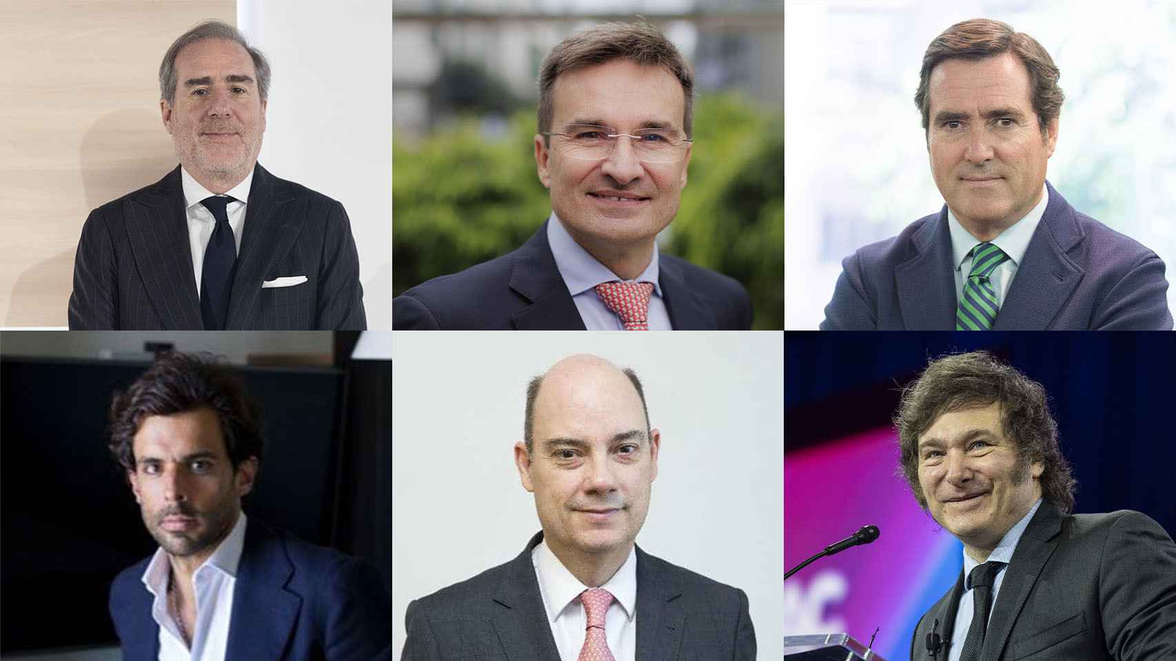 Héctor Grisi (Santander), Marco Sansavini (Iberia), Antonio Garamendi (CEOE), Alonso Aznar (The Consello Group), José Manuel Inchausti (Mapfre) y Javier Milei, presidente de Argentina.