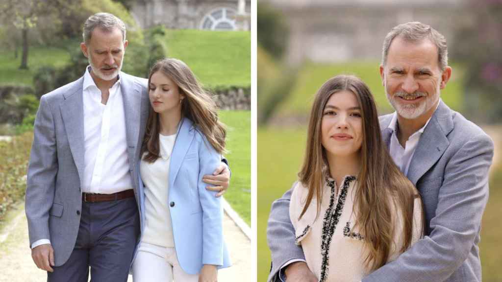 Felipe VI, junto a Leonor y Sofía en dos instantáneas diferentes.