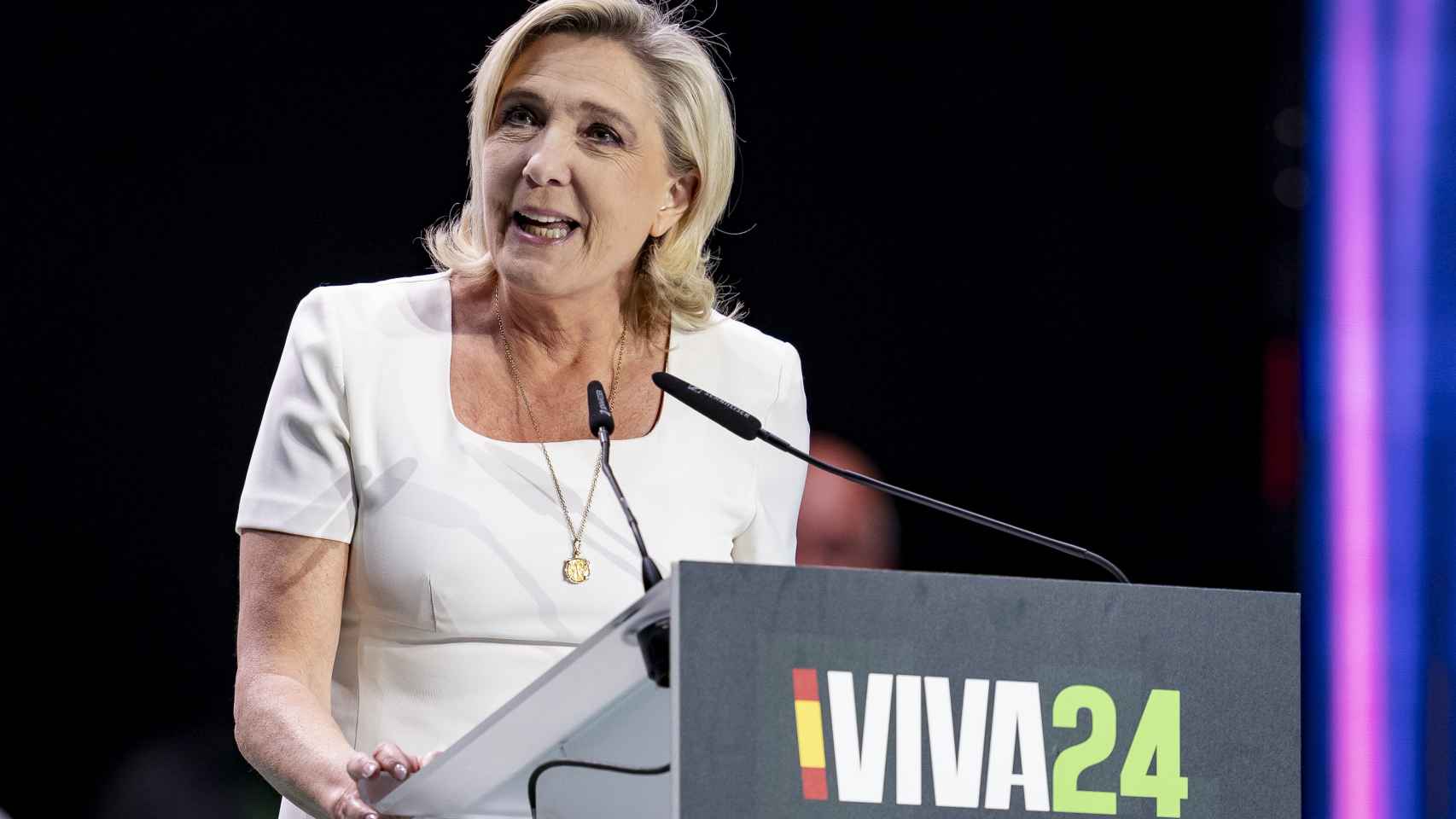 Marine Le Pen, durante su intervención en el foro de fuerzas de derecha radical organizado por Vox en Madrid el pasado 19 de mayo