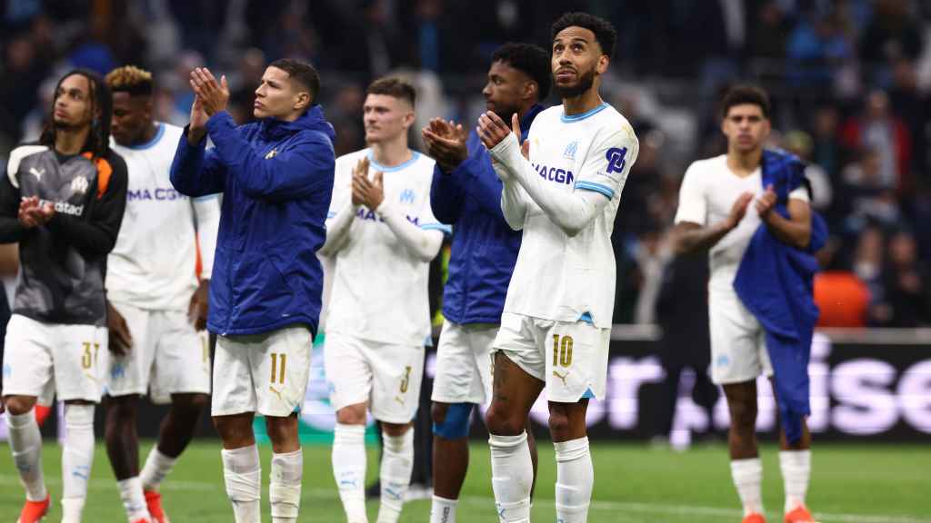 Los jugadores del Marsella, tras caer frente al Atalanta en Europa League.