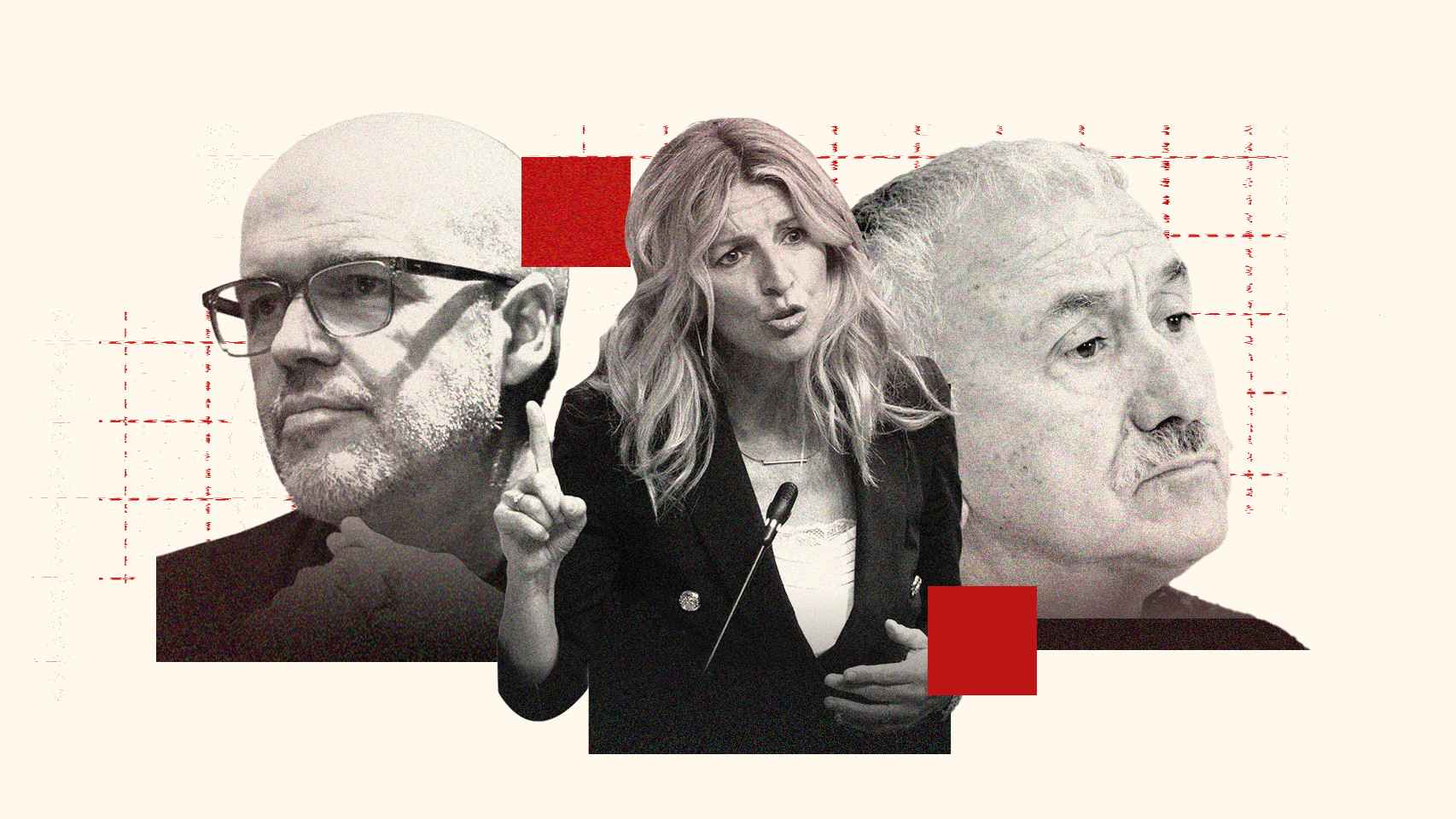 Montaje del secretario general de CCOO, Unai Sordo; la vicepresidenta segunda y ministra de Trabajo, Yolanda Díaz, y el secretario general de UGT, Pepe Álvarez.