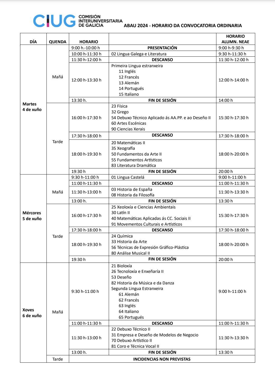 Horario oficial de la ABAU. Fuente: CIUG.