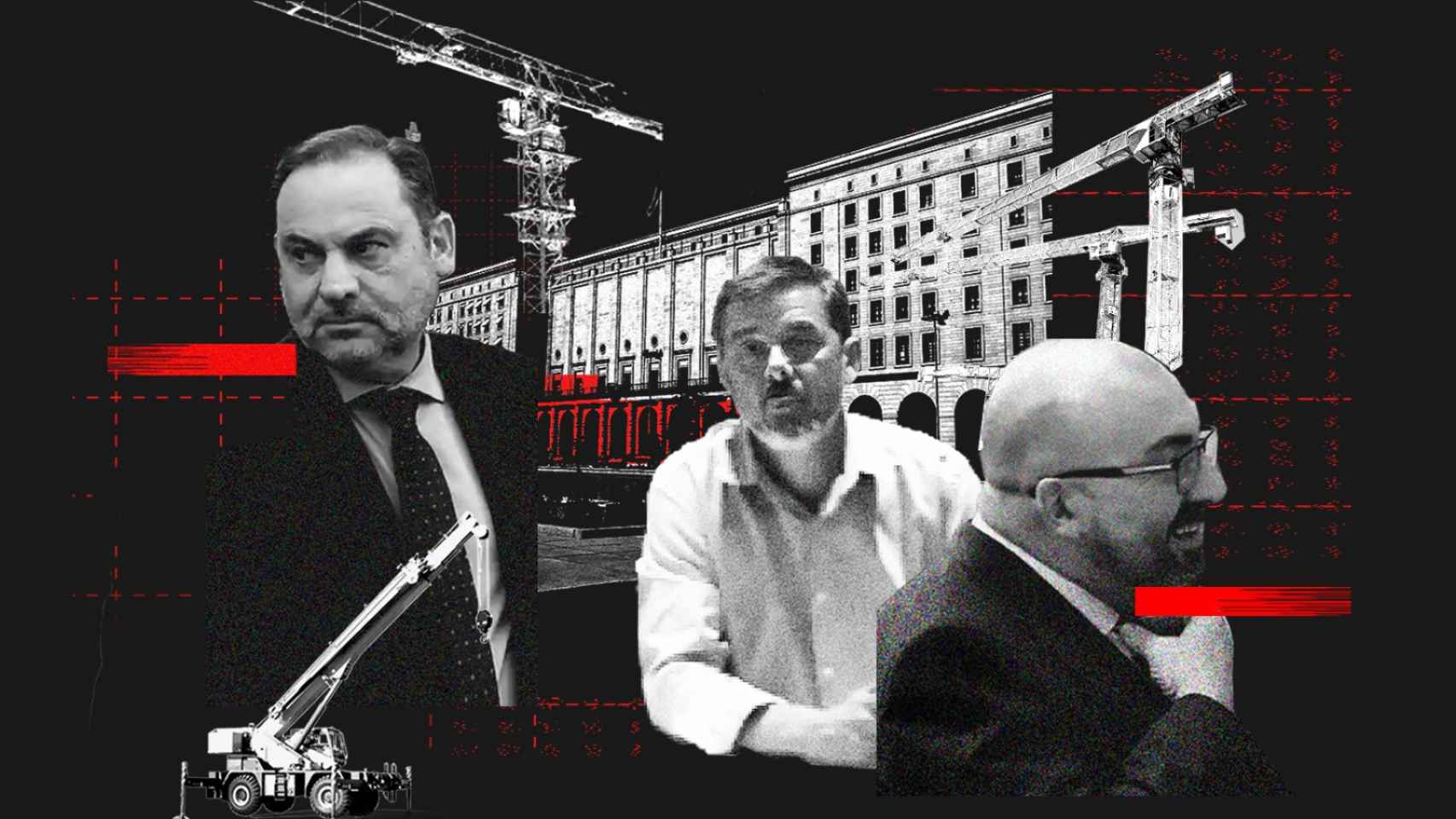 José Luis Ábalos, Antonio Fernández y Koldo García en un fotomonaje con el Ministerio de Transportes de fondo.