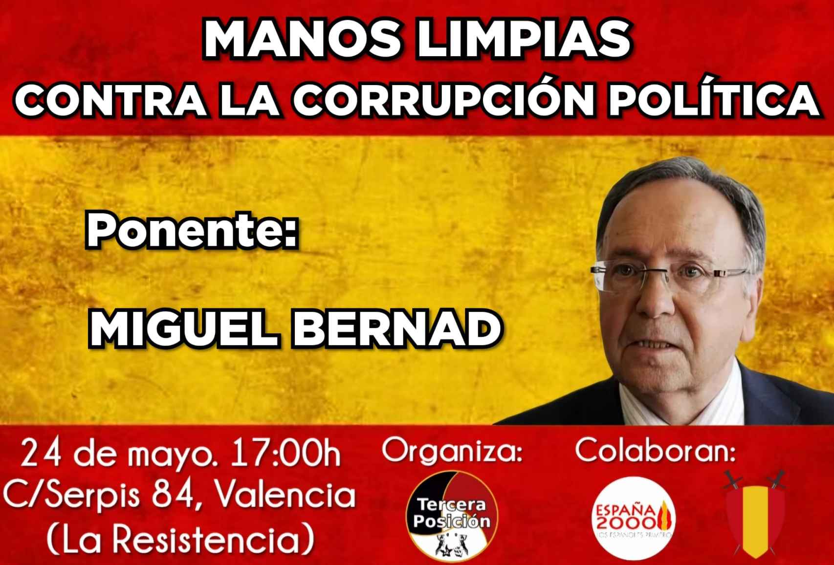 Cartel promocional de la charla con Miguel Bernad en la sede de España 2000. EE