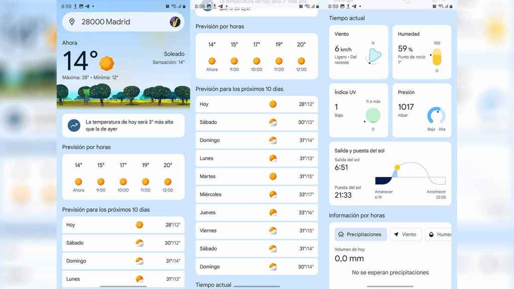 Google Weather mostrando el tiempo de Madrid con la nueva interfaz