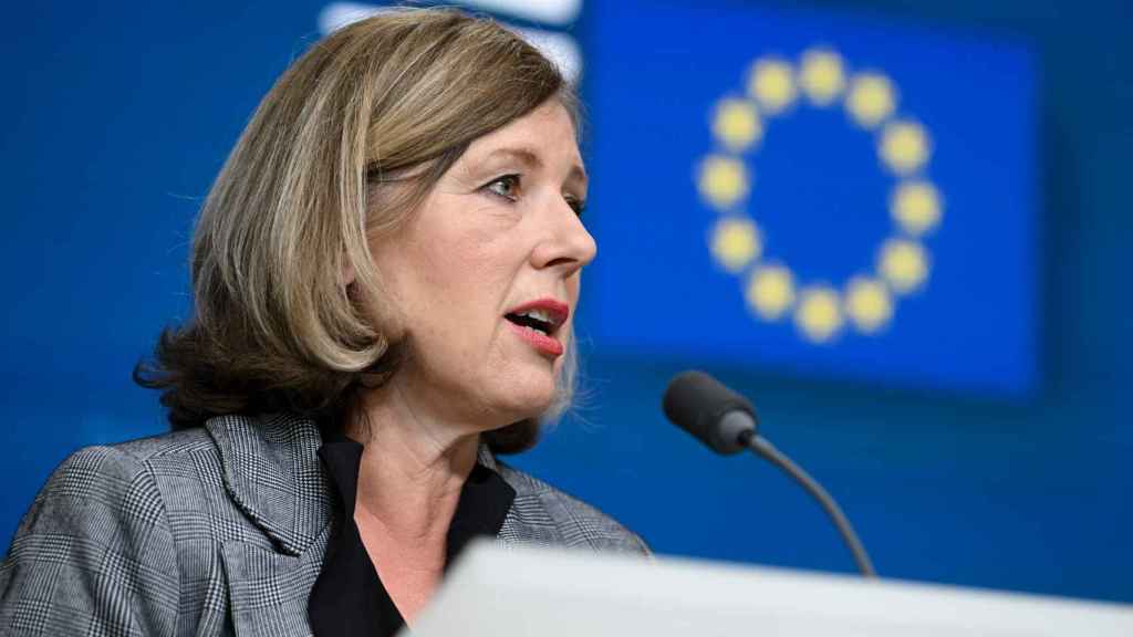 La vicepresidenta responsable de Estado de derecho, Vera Jourova, durante la rueda de prensa tras el Consejo de Asuntos Generales del pasado martes