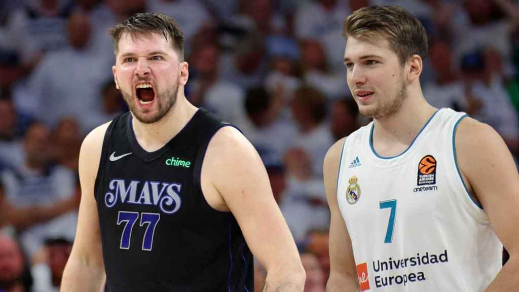 Luca Doncic, a la izquierda con la camiseta de los Mavs; a la derecha con la del Real Madrid.