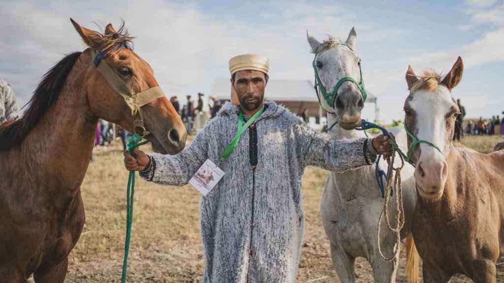 Un jinete posa junto a varios caballos.