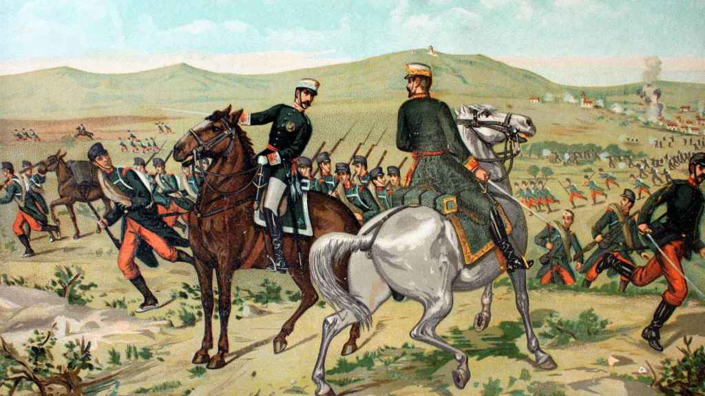 Ilustración de la batalla de Lácar (1875) en una enciclopedia ilustrada de finales del siglo XIX.