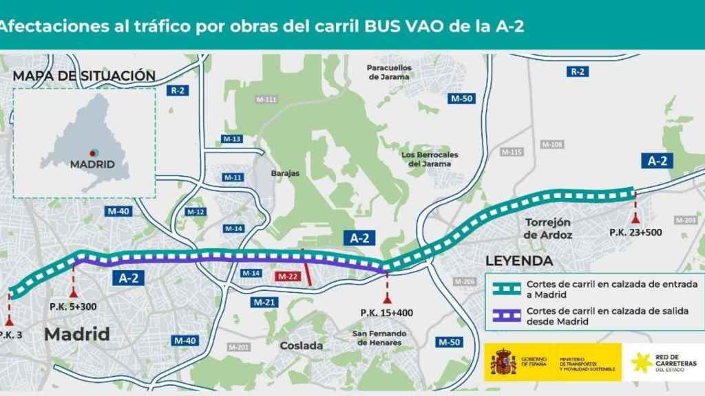 Afectaciones al tráfico por obras del carril BUS VAO de la A-2