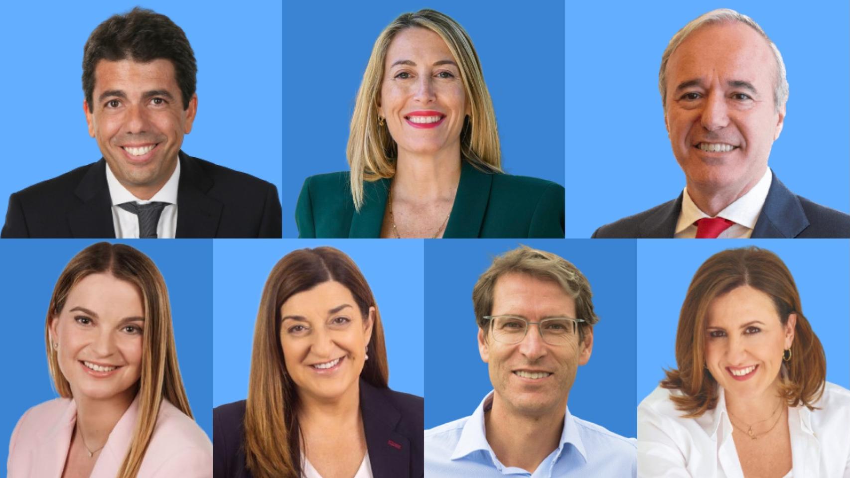 De izqda. a dcha. y de arriba abajo: Carlos Mazón, María Guardiola, Jorge Azcón, Marga Prohens, María José Sáenz de Buruaga, Gonzalo Capellán y María José Catalá.