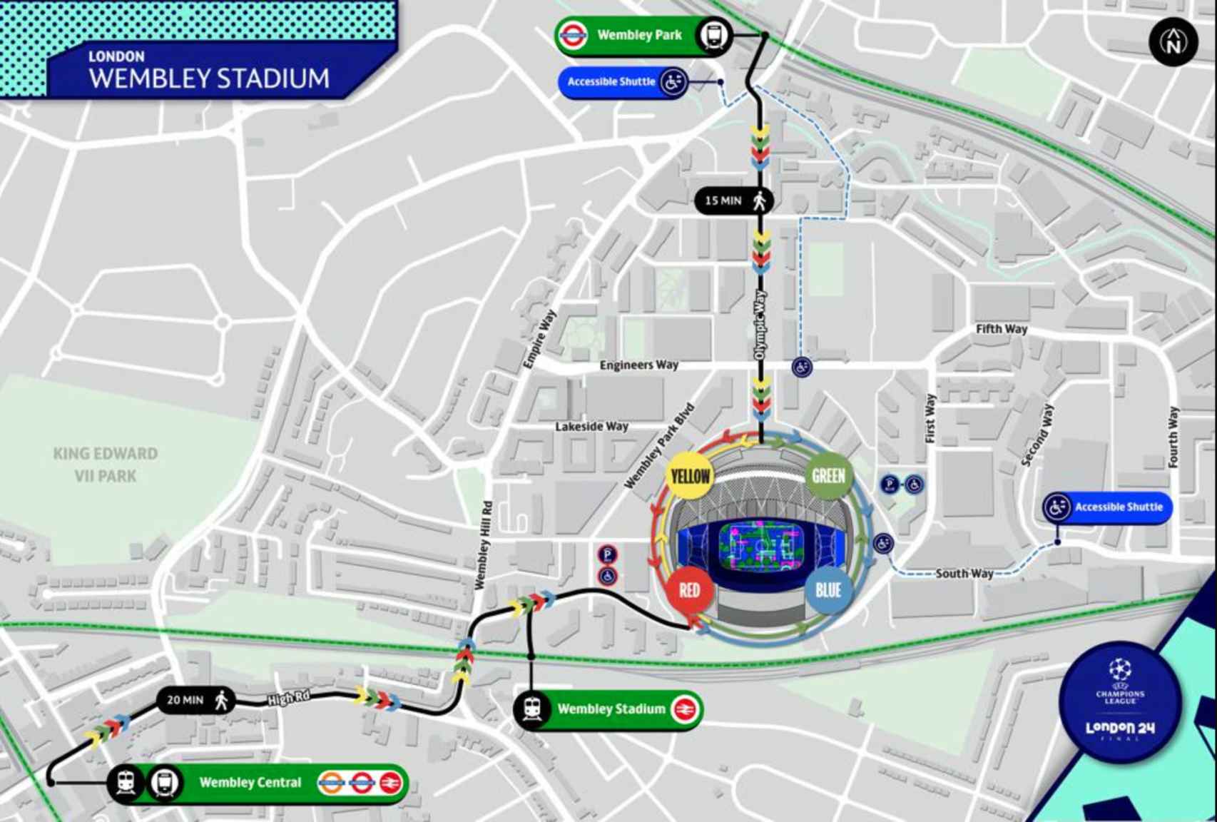 Mapa del estadio de Wembley para la final de la Champions League 2023/24