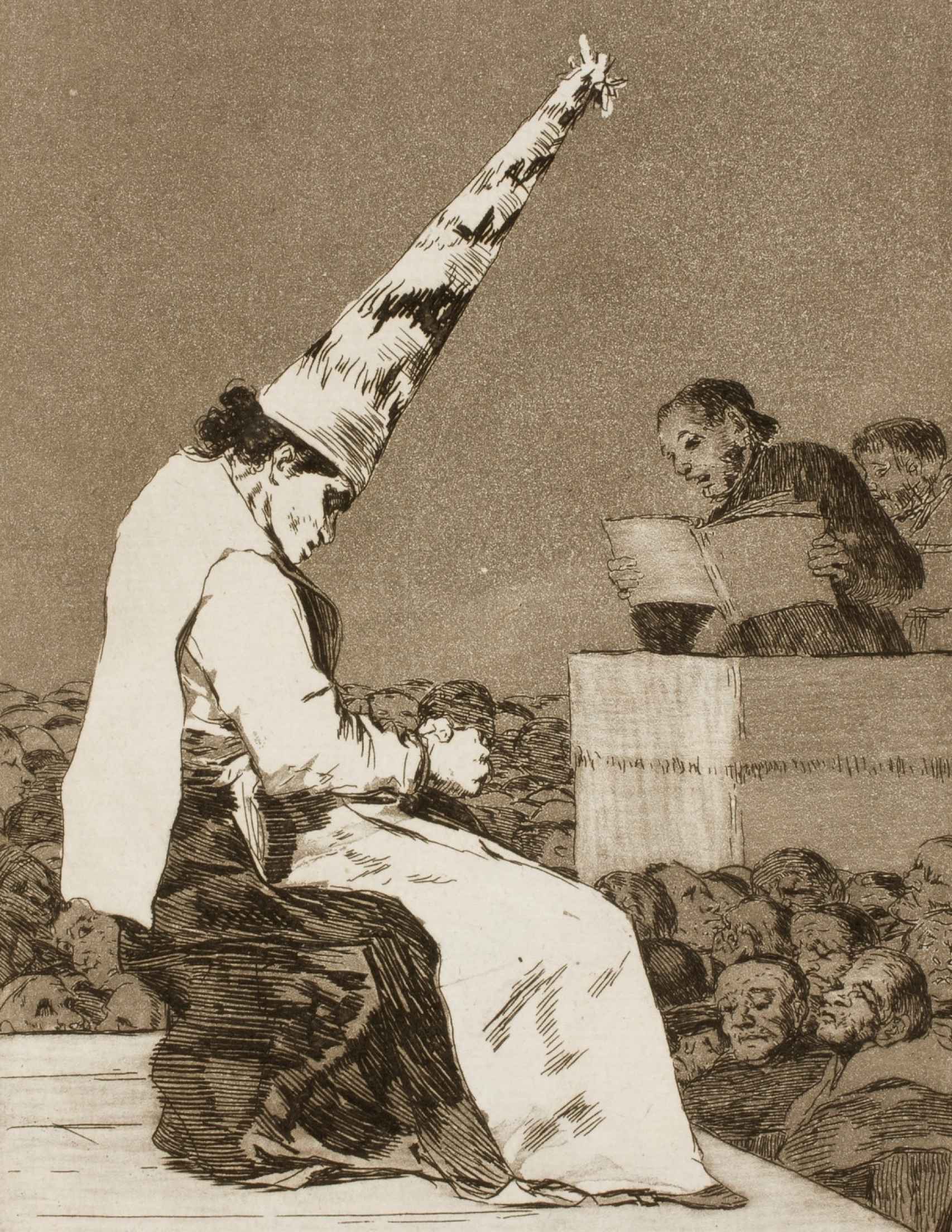 Grabado de Goya a finales del siglo XVIII que muestra una mujer con sambenito en un auto de fe.