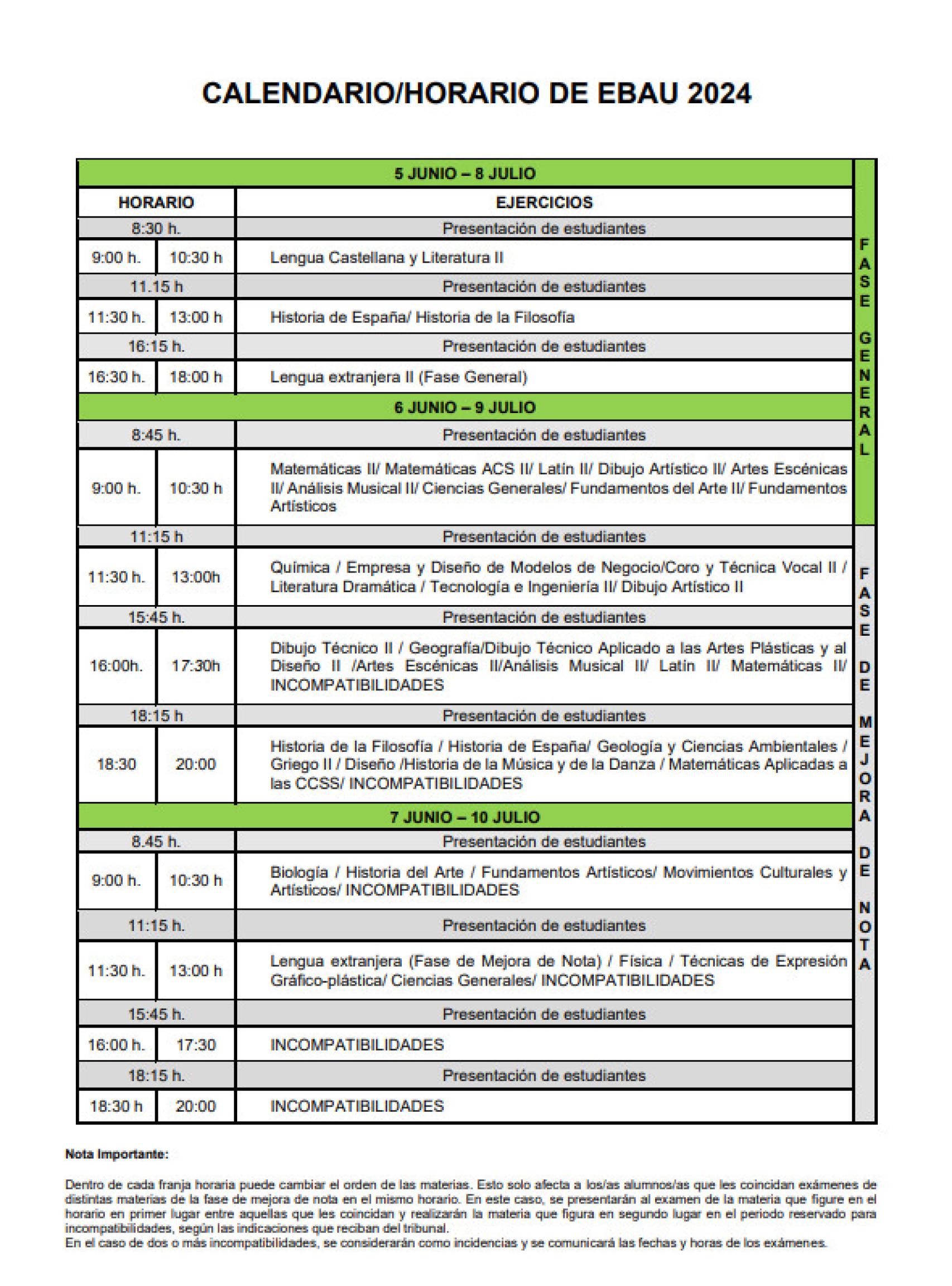 Horarios de la EBAU en Castilla y León