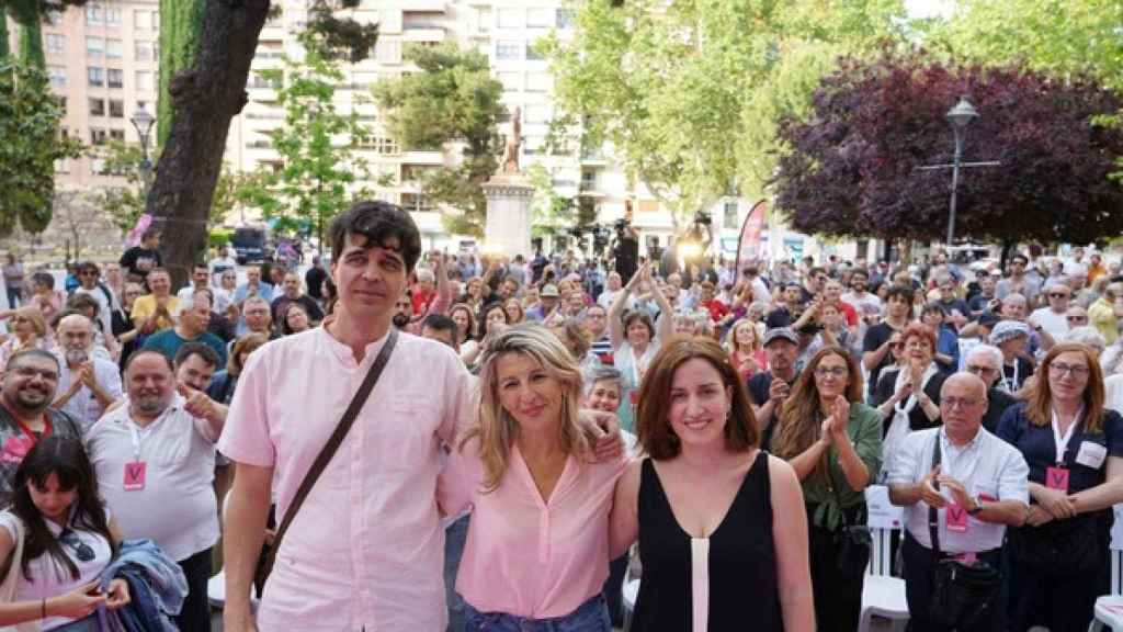 Miriam Chacón / ICAL . La vicepresidenta segunda del Gobierno, ministra de Trabajo y coordinadora general de Sumar, Yolanda Díaz, participa en el acto central de la campaña de esta formación en Valladolid junto a dos de los candidatos a las elecciones europeas, el coordinador de IU en Castilla y León, Juan Gascón, y la exconcejala de Valladolid Toma La Palabra en el Ayuntamiento de Valladolid, María Sánchez.