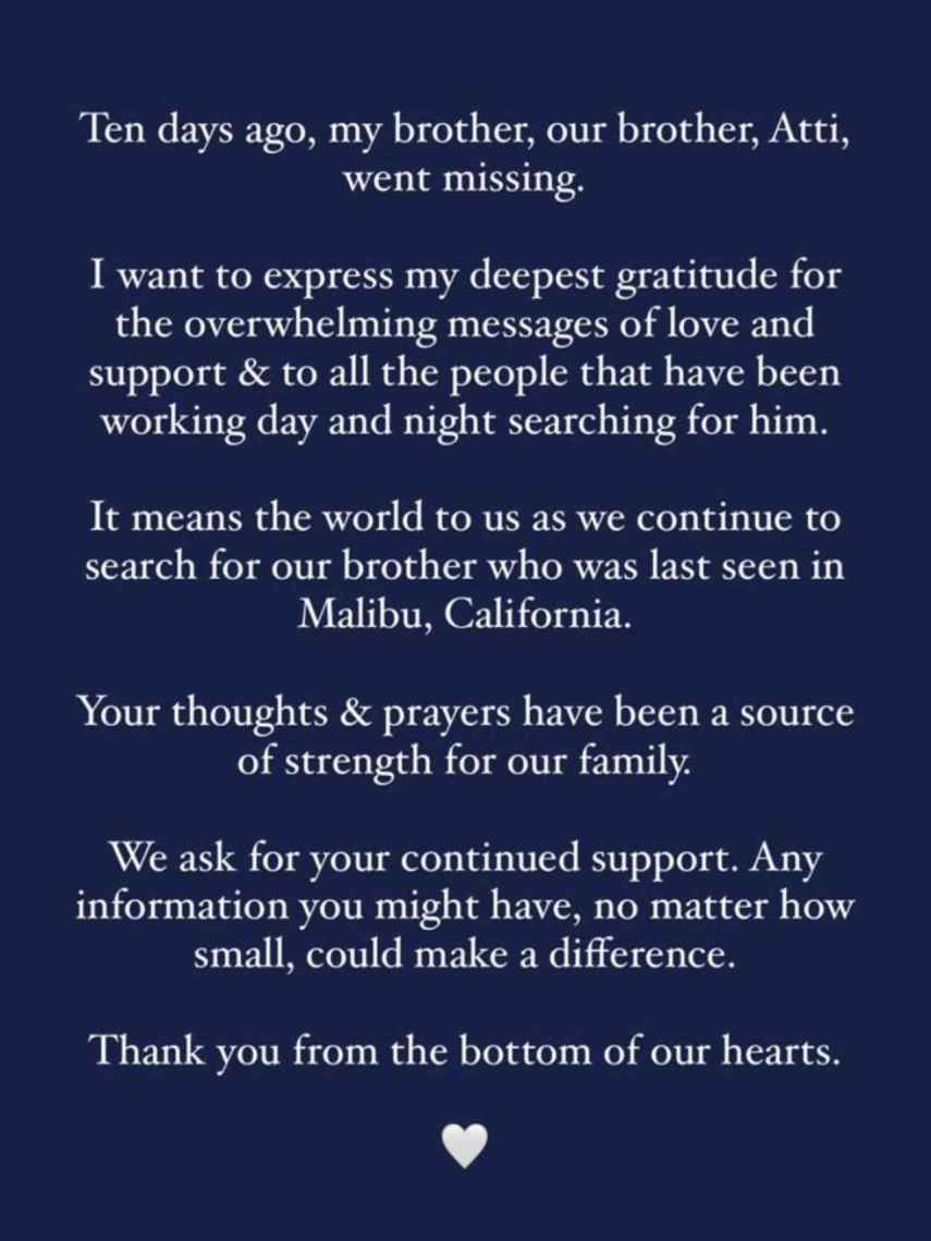 Este es el mensaje publicado por Blatnik en sus 'stories' de Instagram.