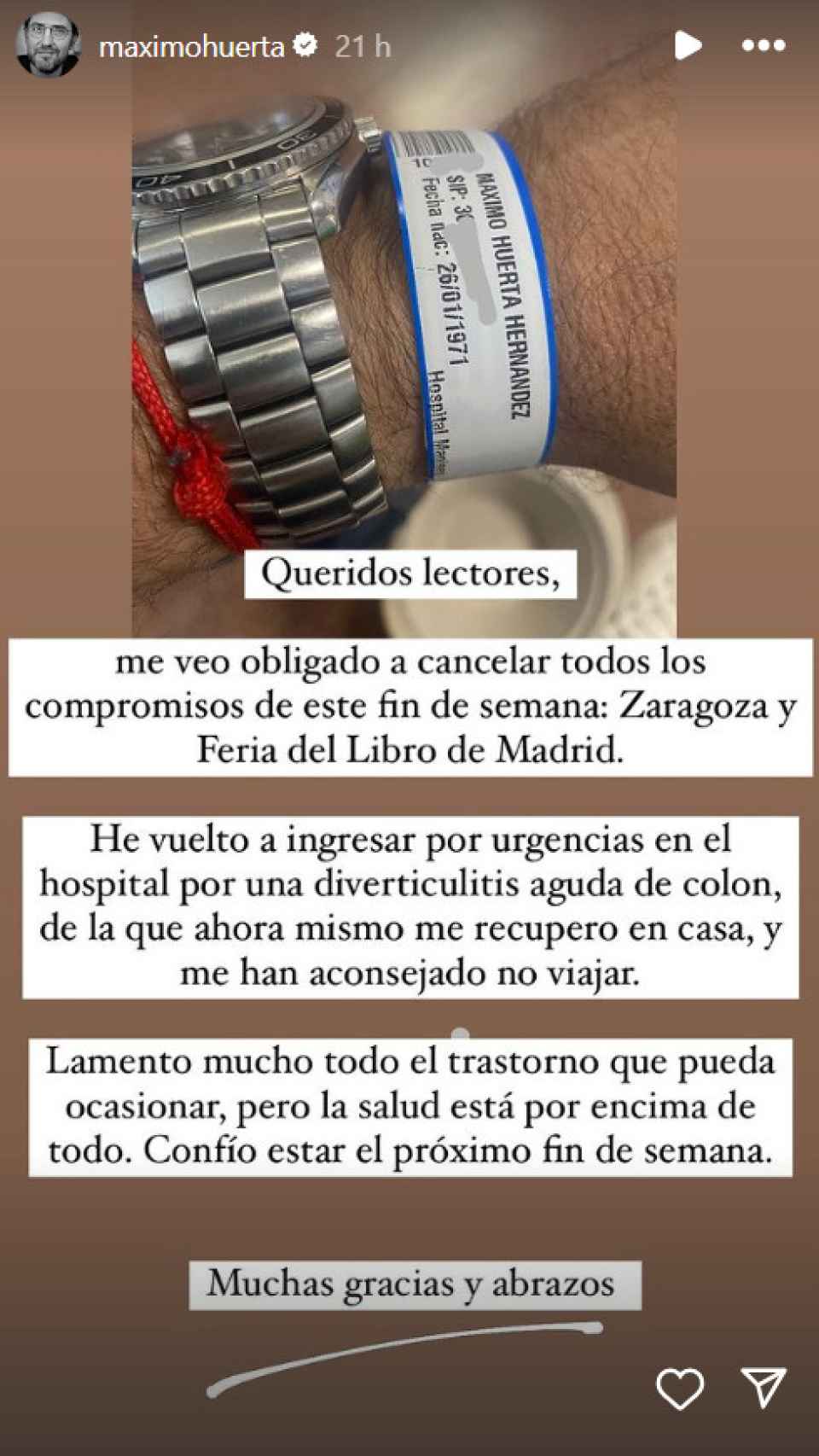 Mensaje de Máximo Huerta.