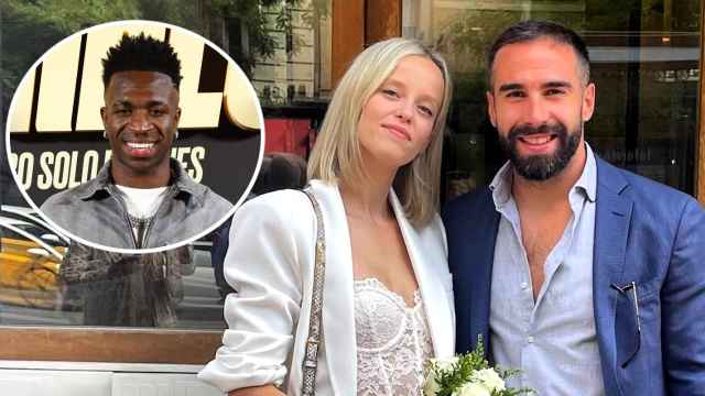 Dani Carvajal junto a su esposa y Vinicius Jr. en un fotomontaje de EL ESPAÑOL.