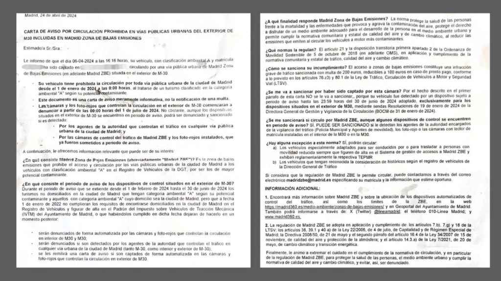Fragmento de la 'carta de aviso por circulación prohibida en vías públicas urbanas del exterior de M30 incluidas en Madrid Zona de Bajas Emisiones'.