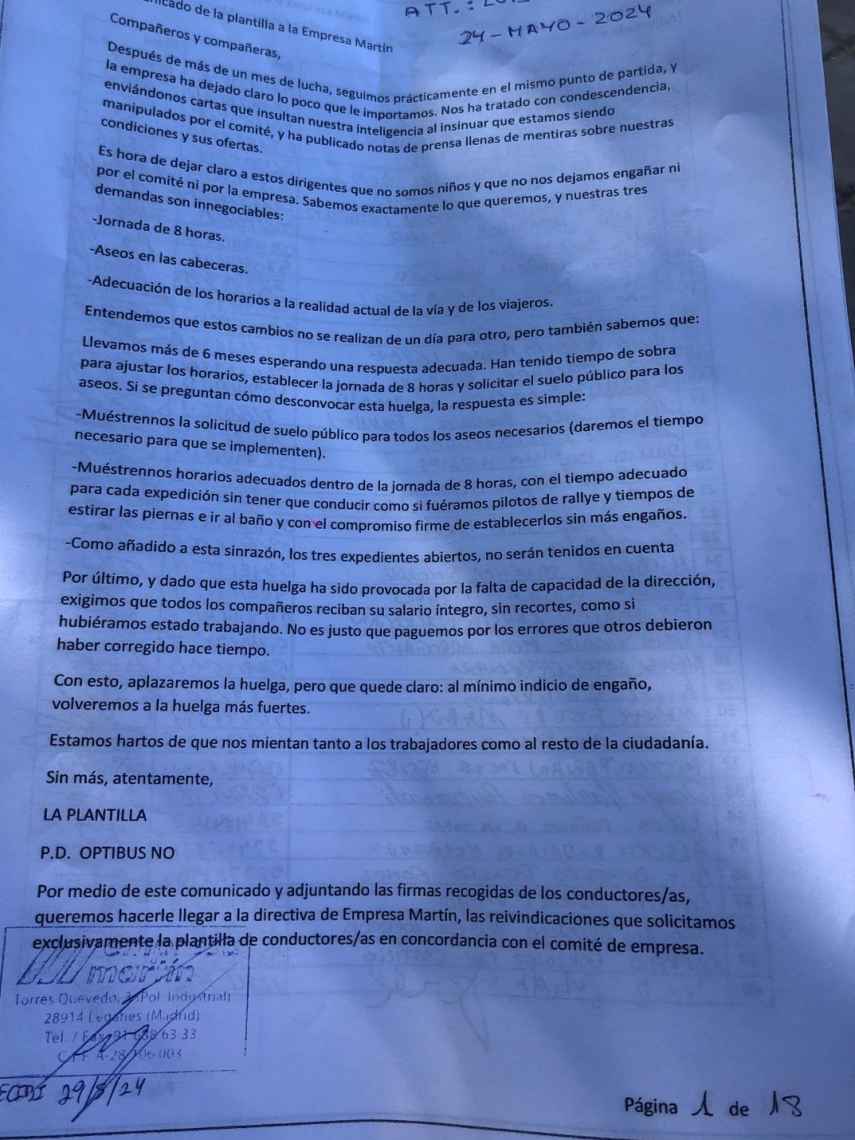 Comunicado de la plantilla a la empresa Martín con las firmas recogidas.