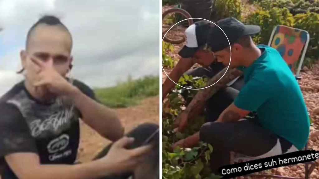 Joan y su amigo Luis trabajando en el campo.