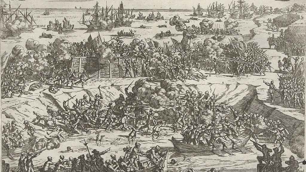 Combate en el contradique de Kowenstein retratado por Giacinto Gimignani.