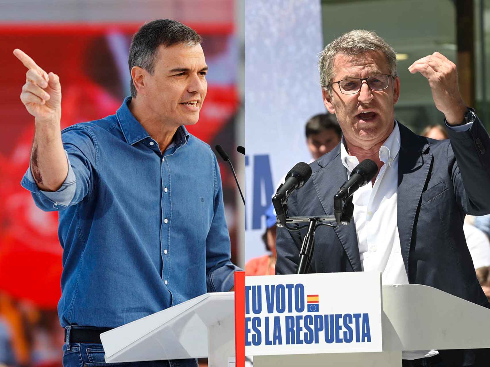 Pedro Sánchez y Alberto Núñez Feijóo, durante la campaña del 9-J-