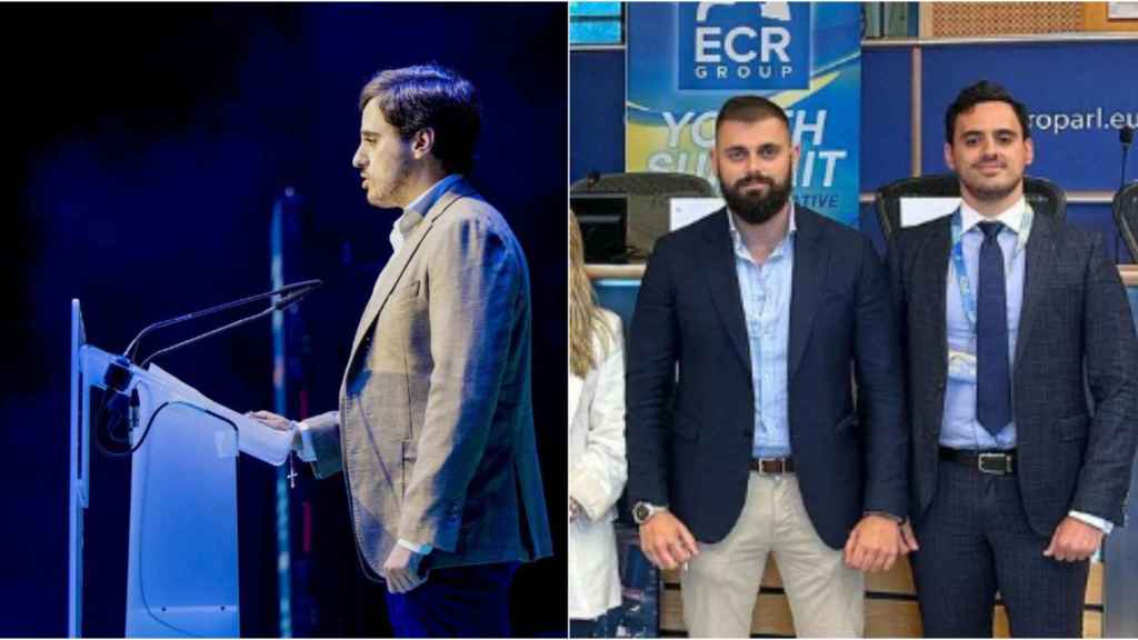 En la izquierda, José Andrés pronuncia un discurso en el festival  Viva 24 de Vox. En la derecha, posa junto a Gónzalez Gasca en el Parlamento Europeo.