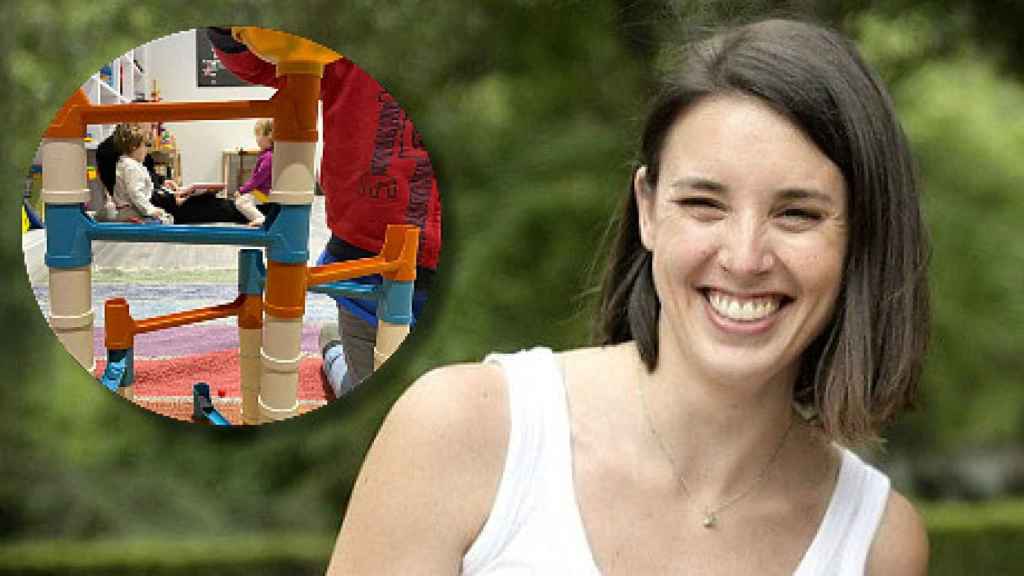 Irene Montero en la Feria del Libro de Madrid. Montaje junto a una imagen de sus hijos.