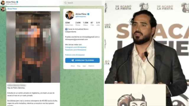 Fotomontaje con la imagen difundida en el canal de Telegram de Alvise, junto a una fotografía del eurodiputado.