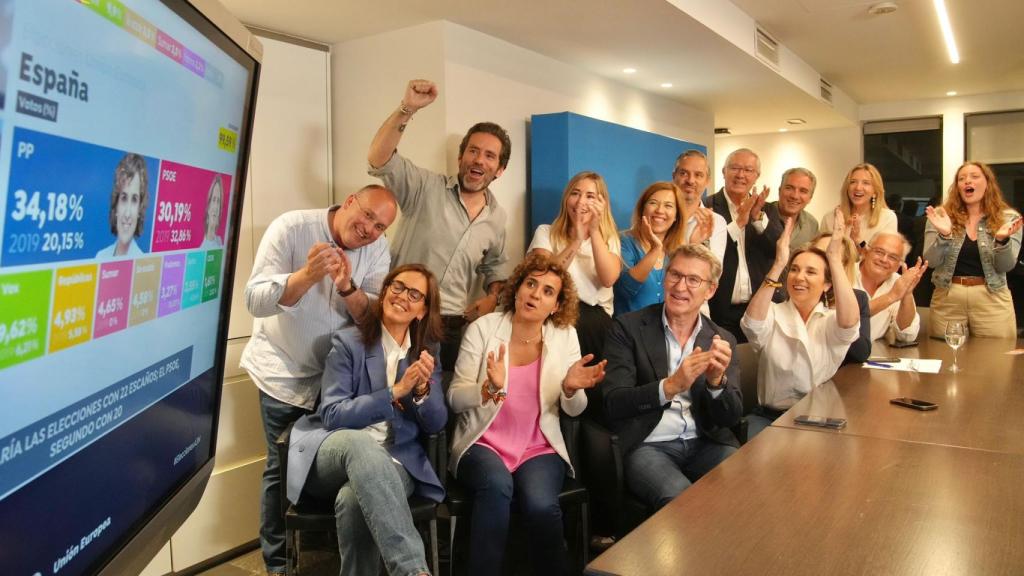 Feijóo, presidente del PP, y la candidata al 9-J, Dolors Montserrat, celebran sus resultados con la cúpula del partido.
